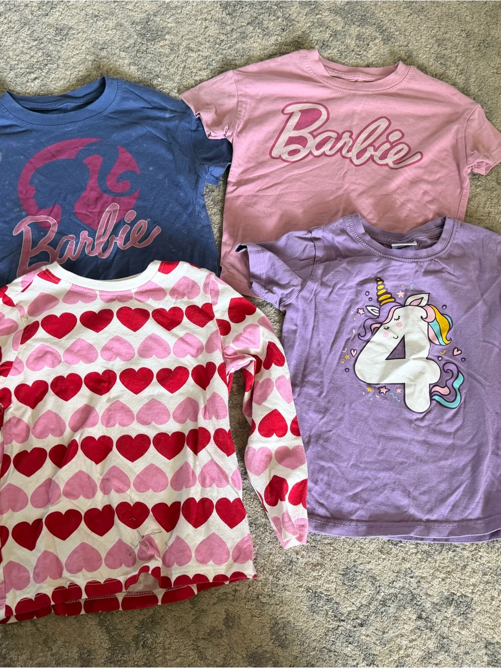 Bundle of 4 Girls Tops - Pink, Blue, Purple, White with Red Hearts